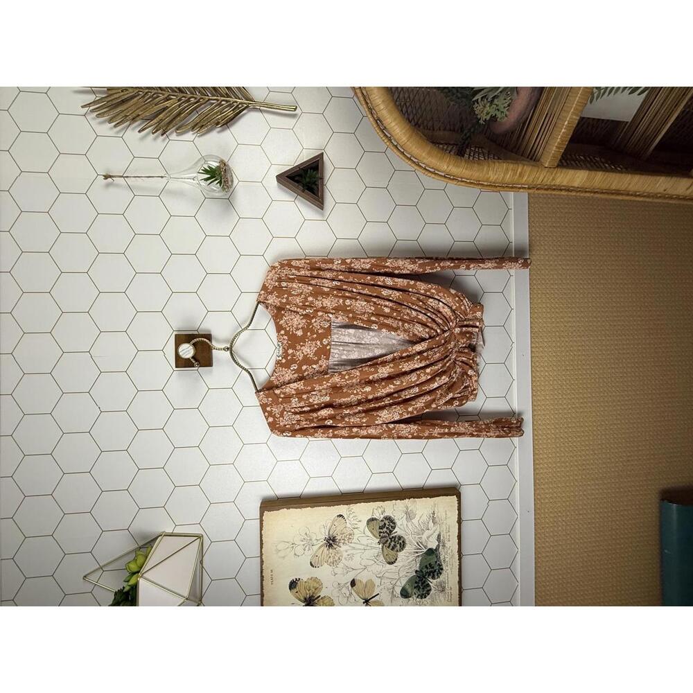 Free People Intimately Copper Floral Turnt Wrap Jersey Top - Size - Small